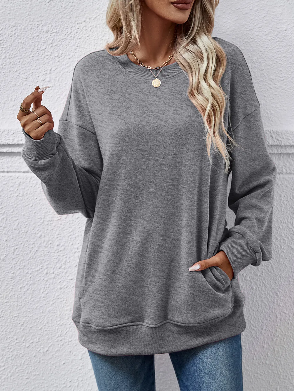 Dropped Shoulder Sweatshirt with Pockets, image 4