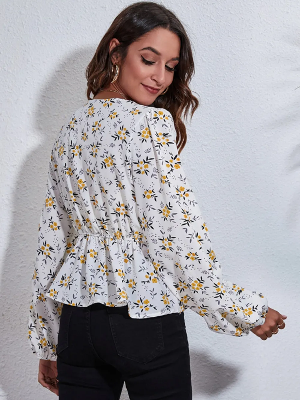 Floral V-Neck Balloon Sleeve Peplum Blouse, image 4
