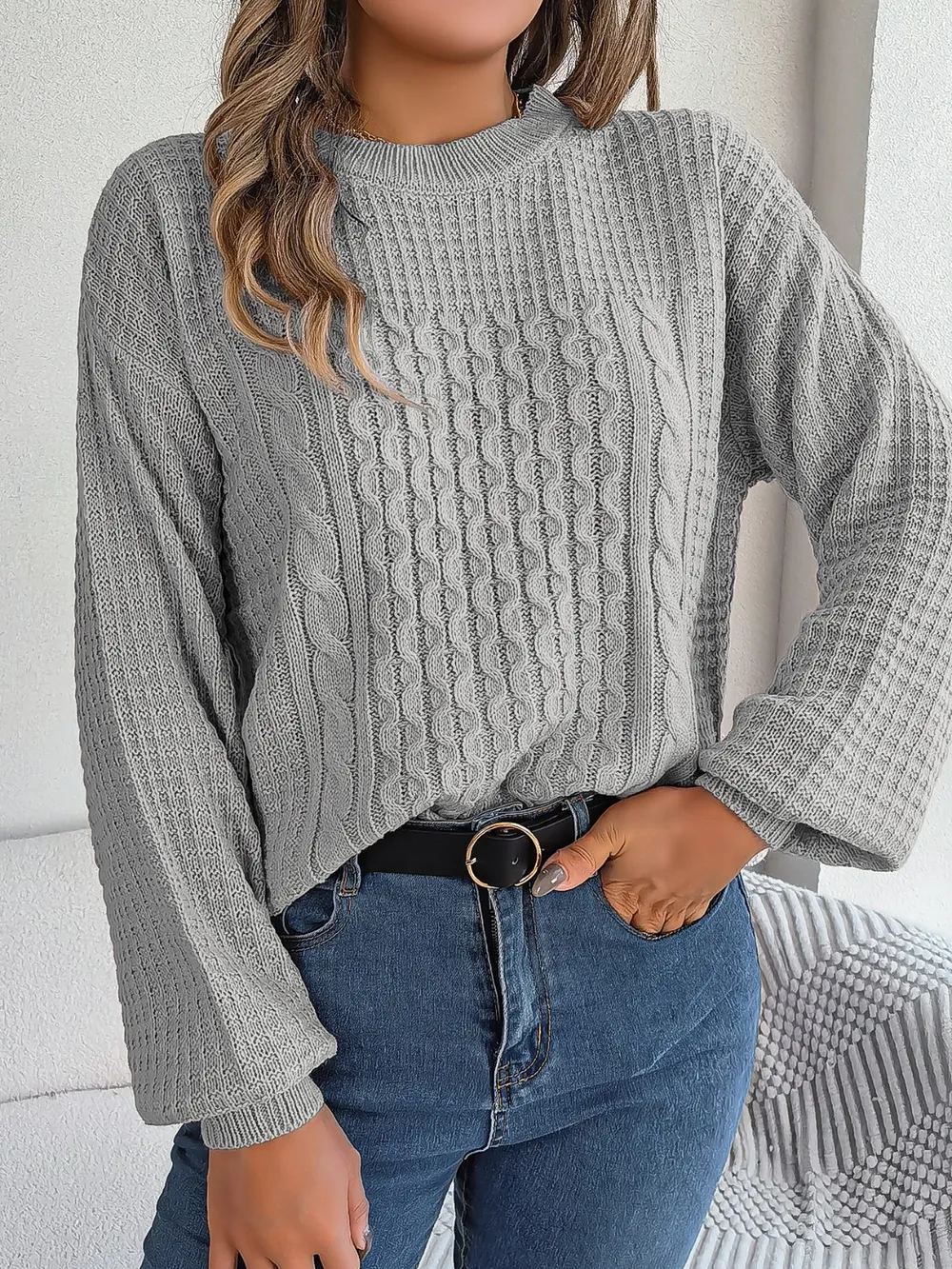 Cable-Knit Round Neck Long Sleeve Sweater, image 10