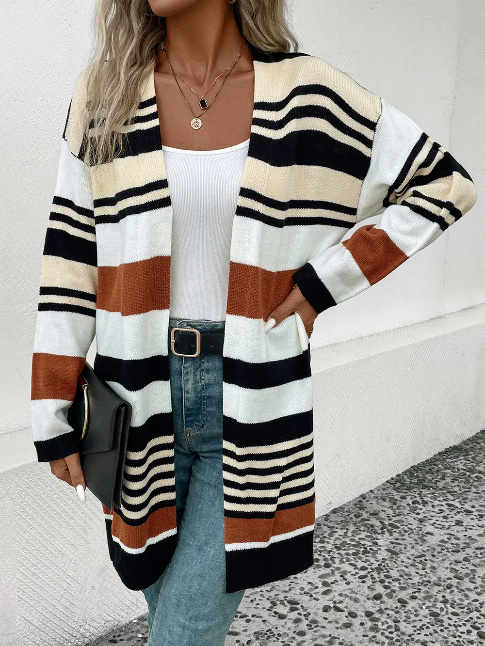 Striped Open Front Drop Shoulder Cardigan, image 3