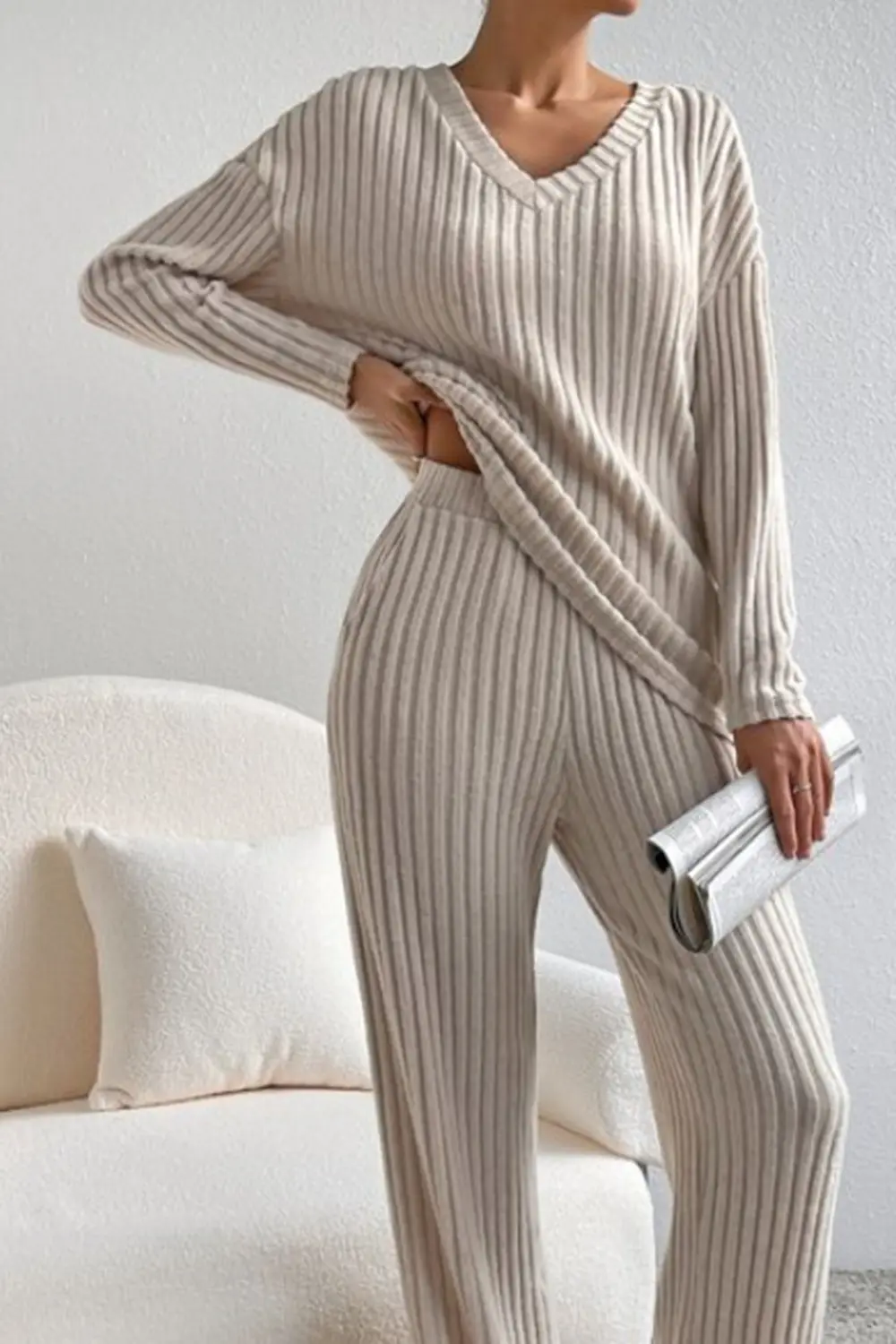 Ribbed V-Neck Top and Pants Set, image 17