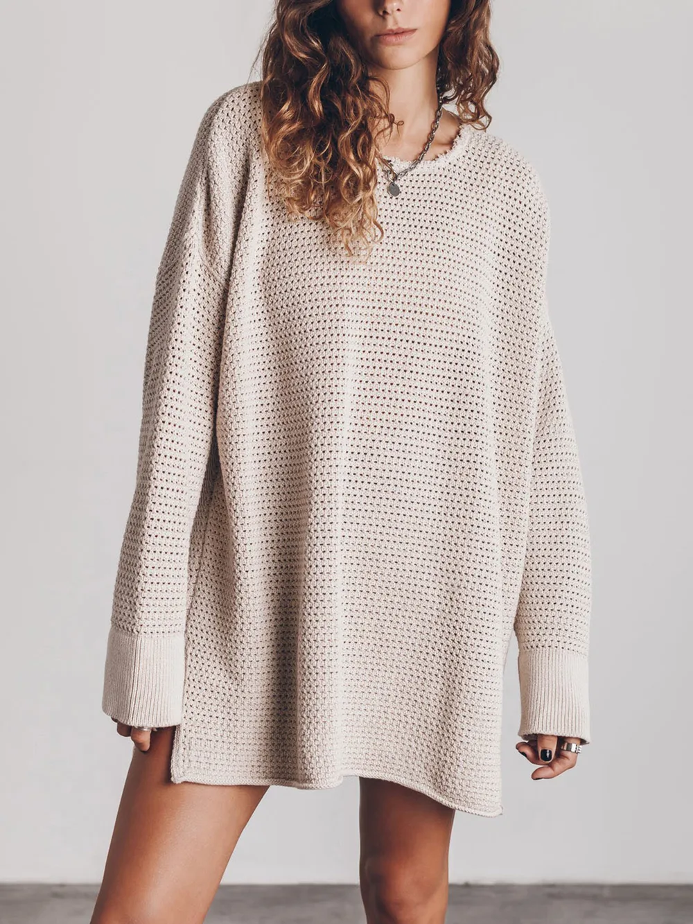 Openwork Round Neck Long Sleeve Slit Sweater, image 4