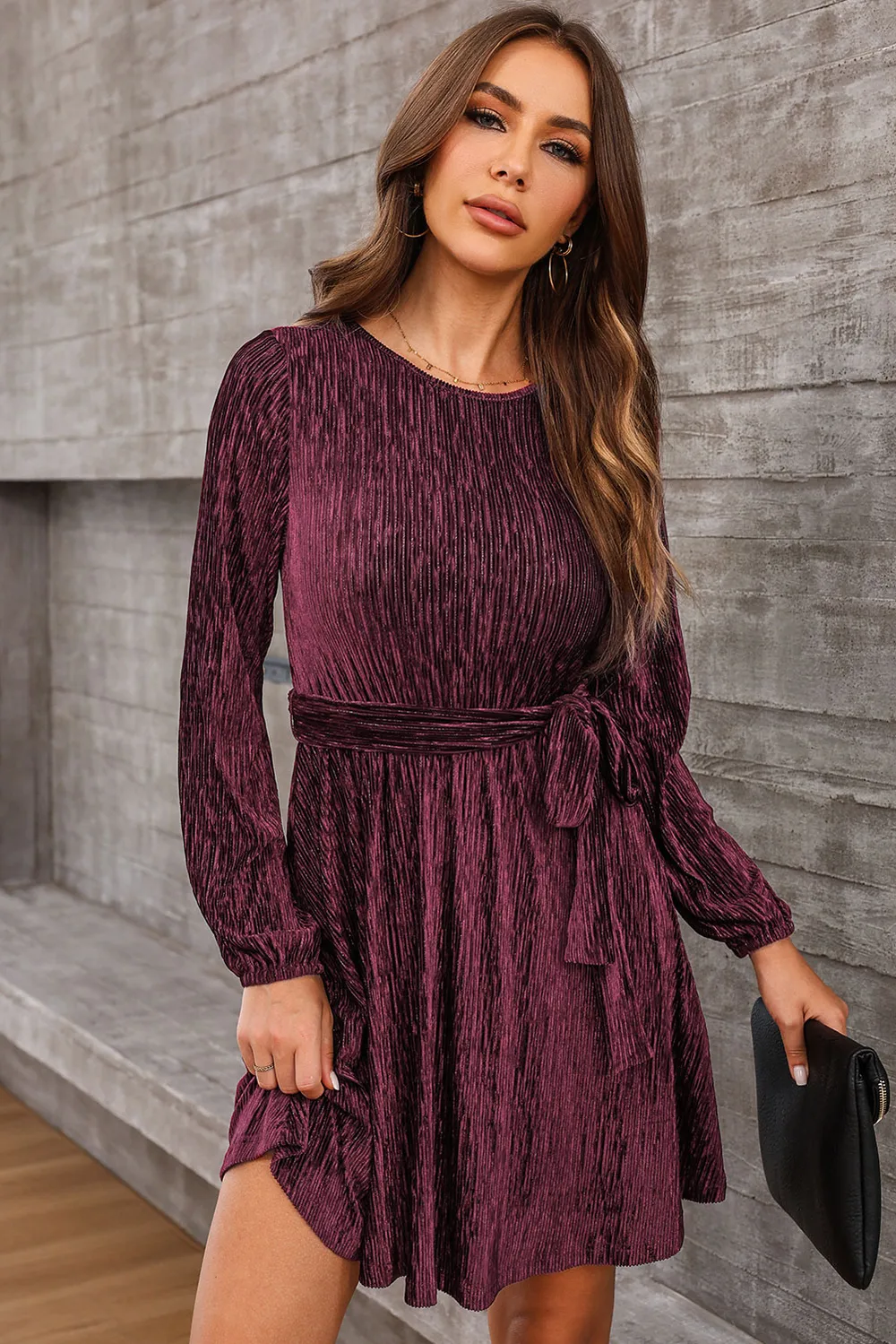 Round Neck Tie Front Long Sleeve Dress, image 9