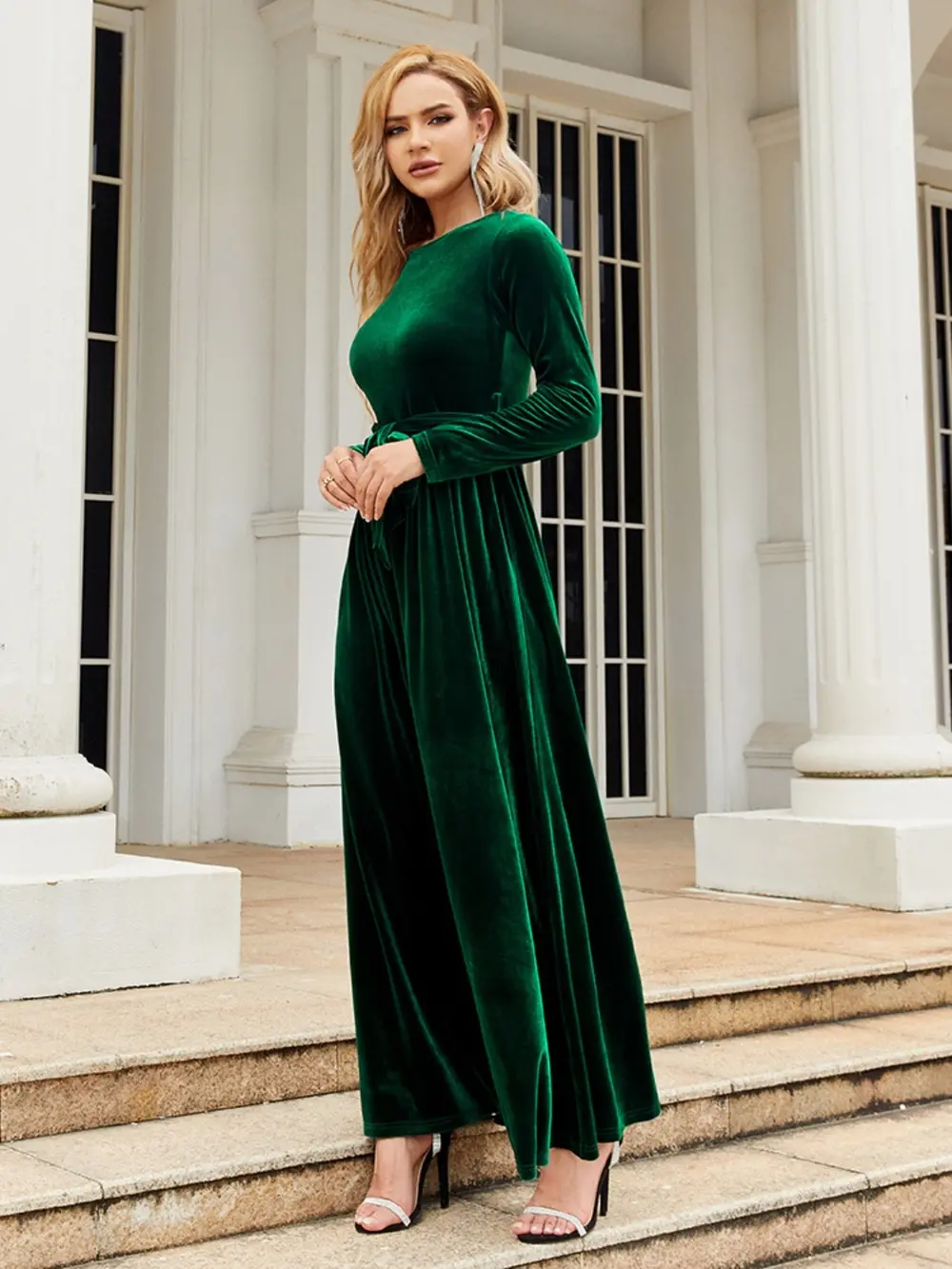 Tie Front Round Neck Long Sleeve Maxi Dress, image 16