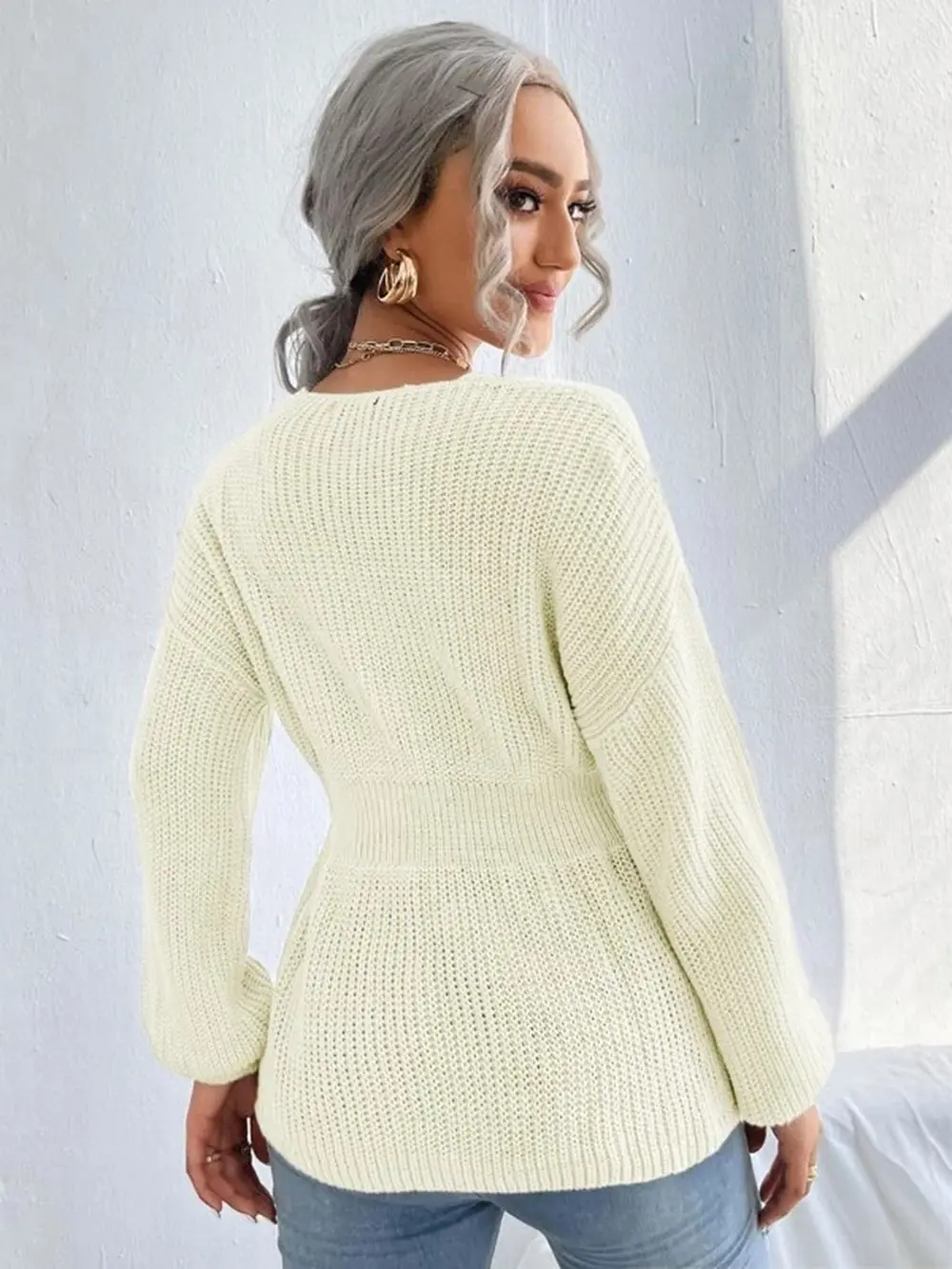 Notched Dropped Shoulder Knit Top, image 17