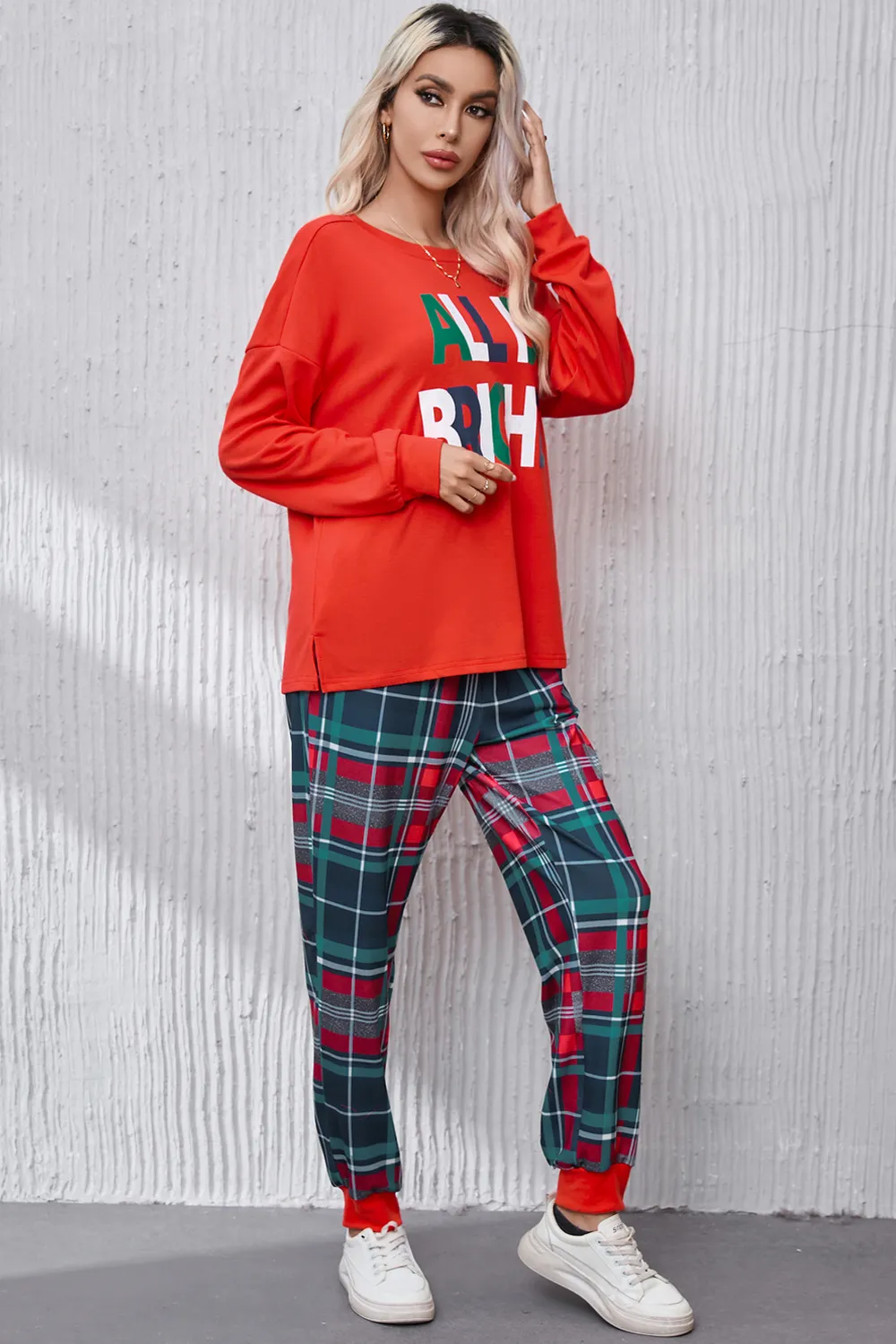 ALL IS BRIGHT Round Neck Top and Plaid Pants Lounge Set, image 4
