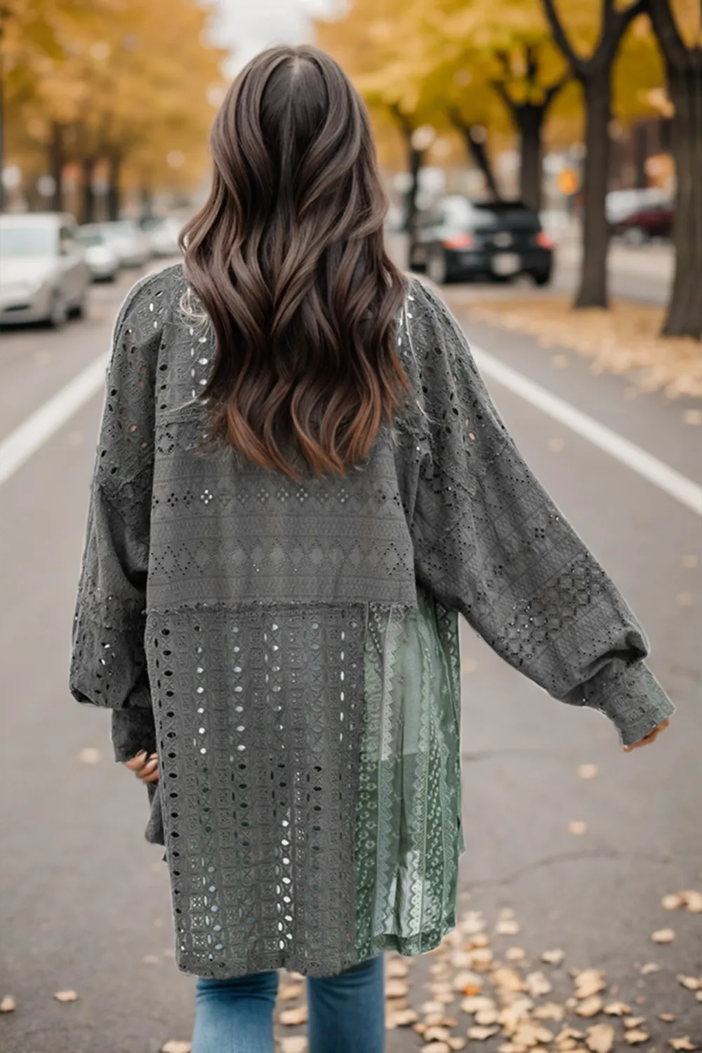 Openwork Button Up Long Sleeve Shacket, image 2