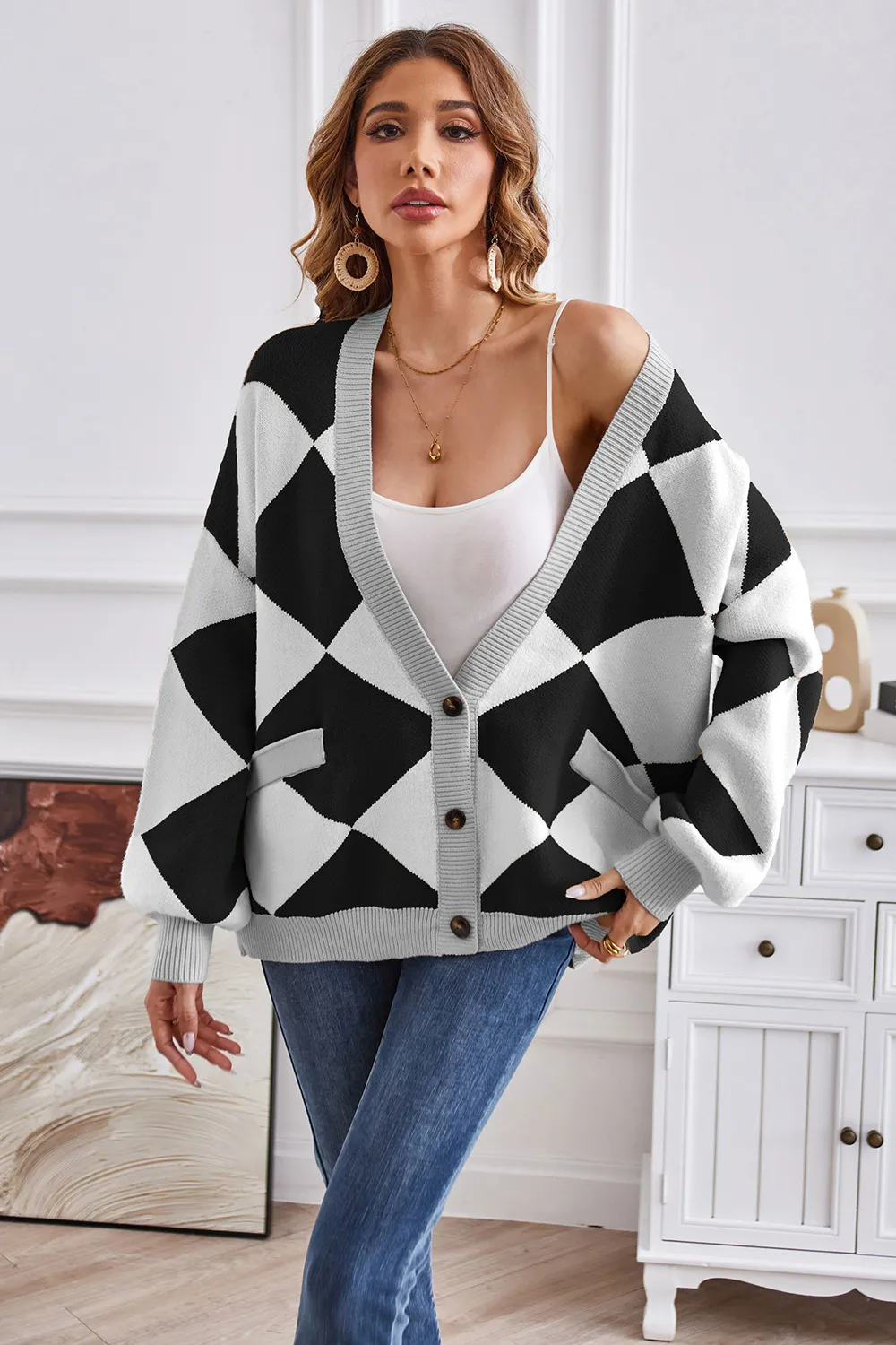 Geometric Lantern Sleeve Cardigan with Pockets, image 3