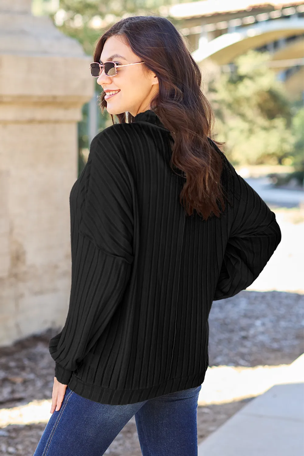 Full Size Ribbed Exposed Seam Mock Neck Knit Top, image 12