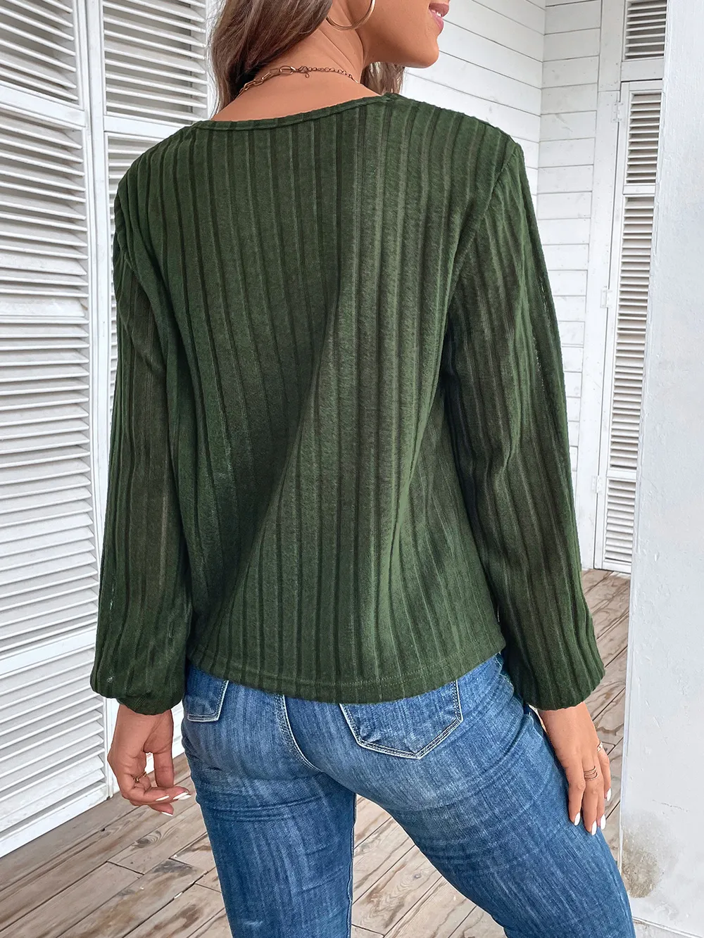 Twisted V-Neck Buttoned Long Sleeve T-Shirt, image 2