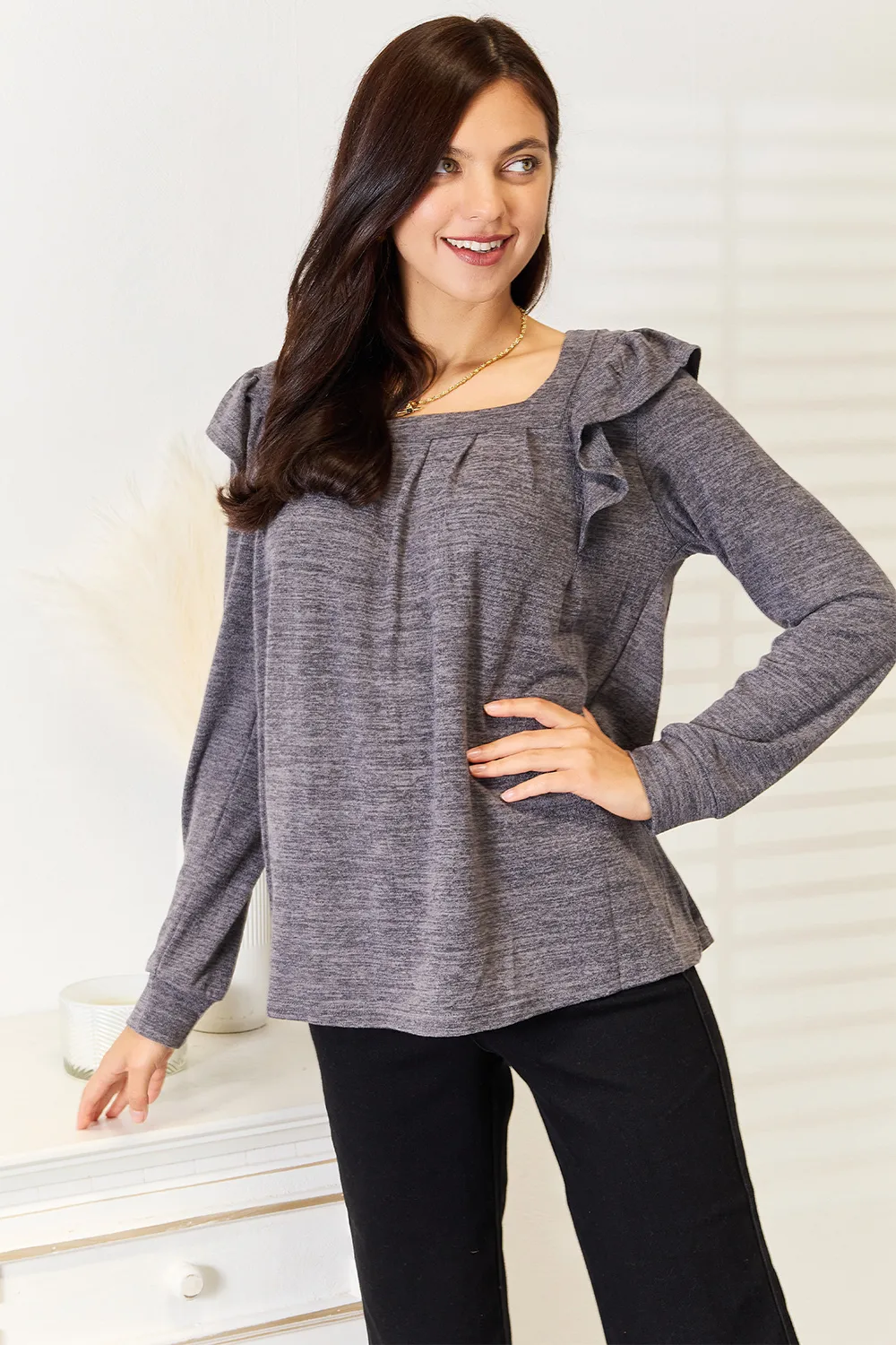 Square Neck Ruffle Shoulder Long Sleeve T-Shirt, image 14