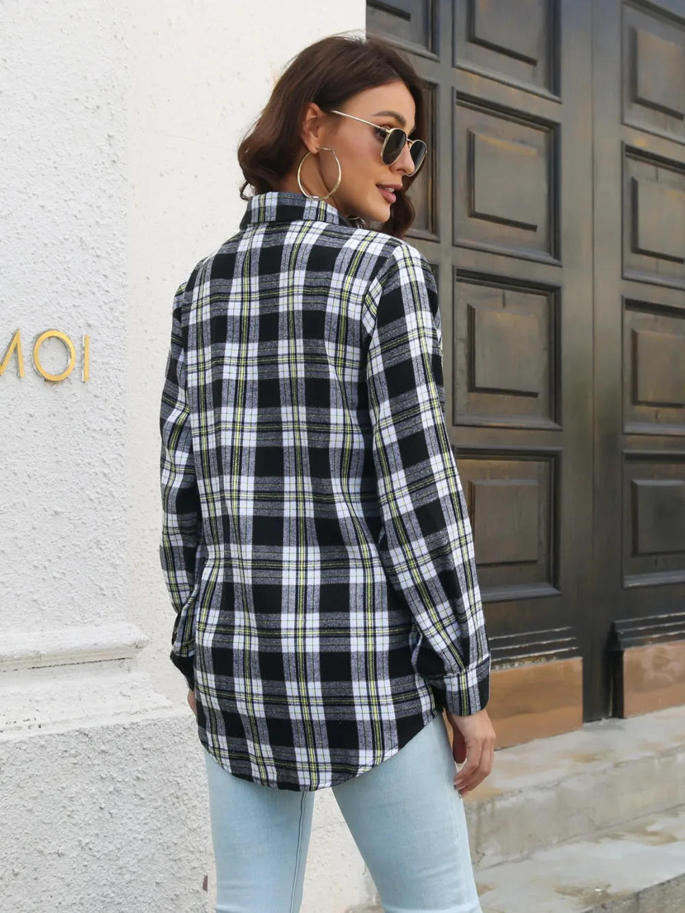 Plaid Collared Neck Buttoned Shirt with Pockets, image 2