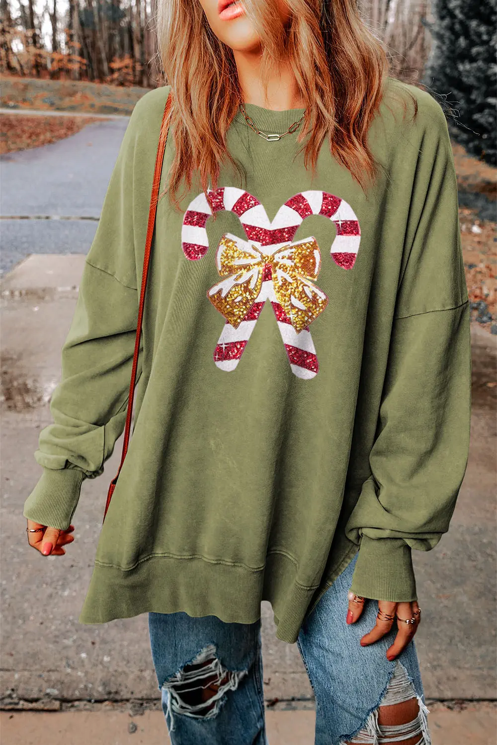 Sequin Candy Cane Round Neck Slit Sweatshirt, image 7