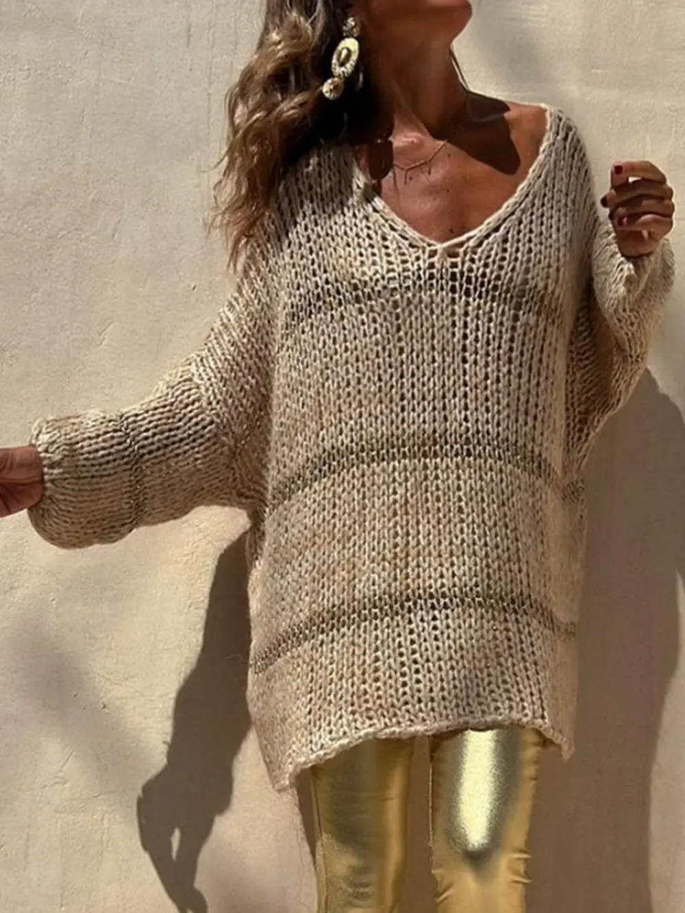 Openwork V-Neck Long Sleeve Sweater, image 4