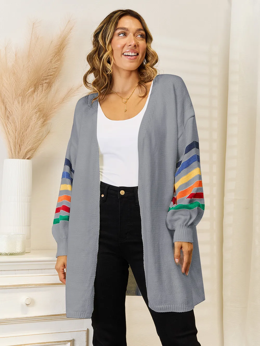 Striped Open Front Dropped Shoulder Cardigan, image 8