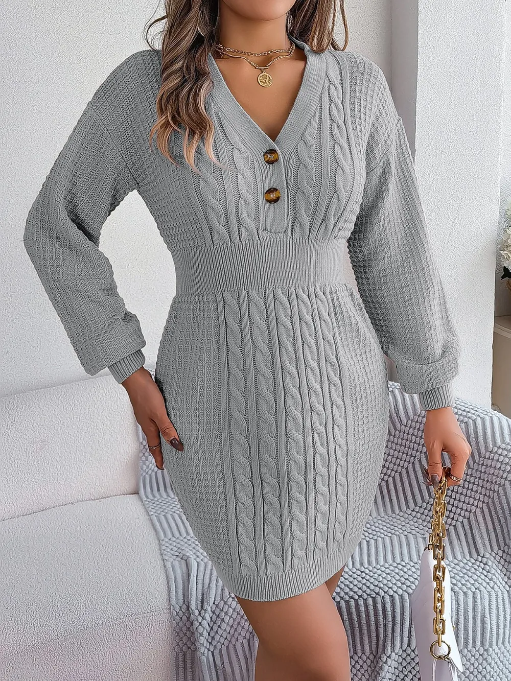 Buttoned Cable-Knit V-Neck Sweater Dress, image 4