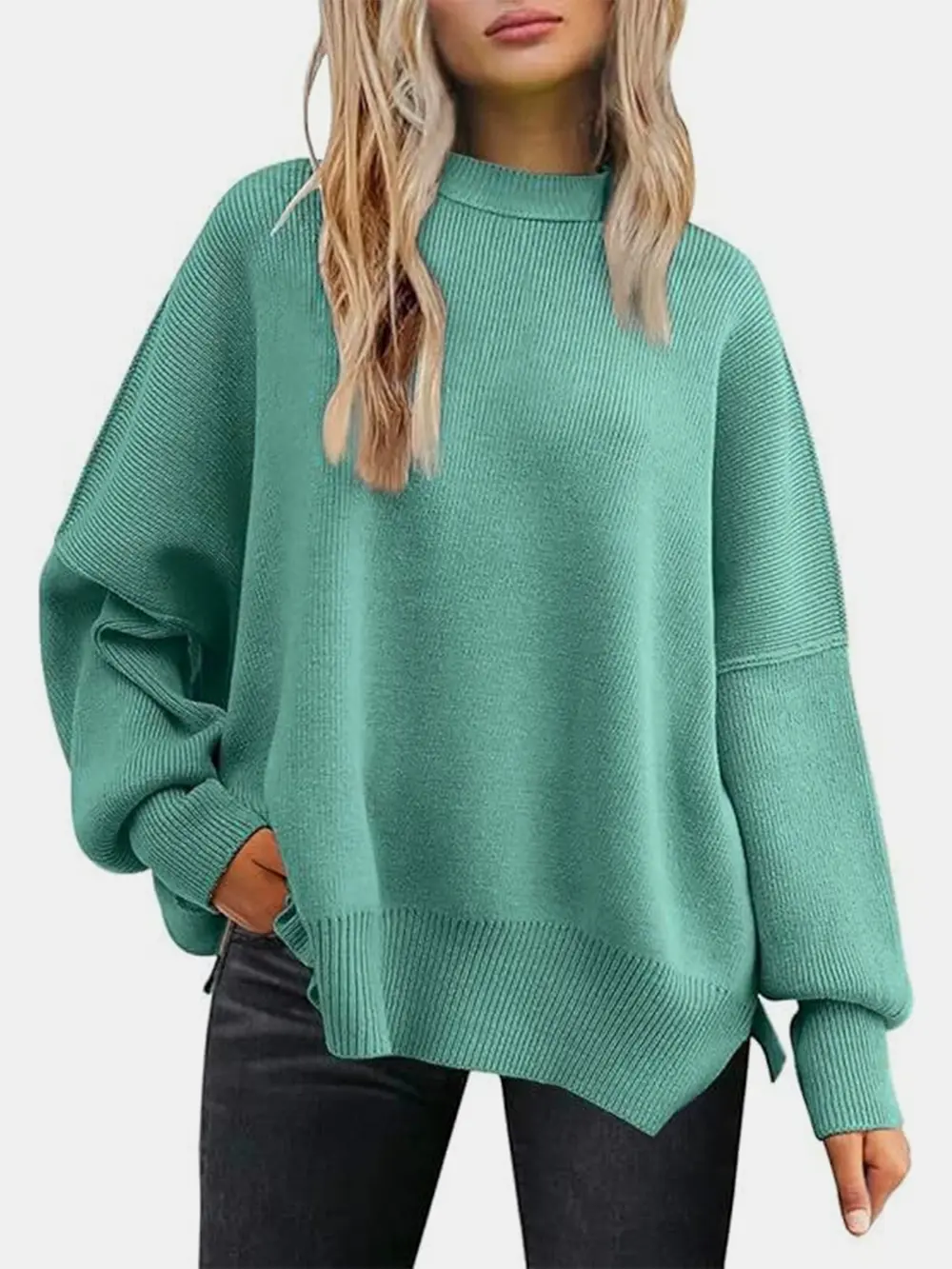 Round Neck Drop Shoulder Slit Sweater, image 5