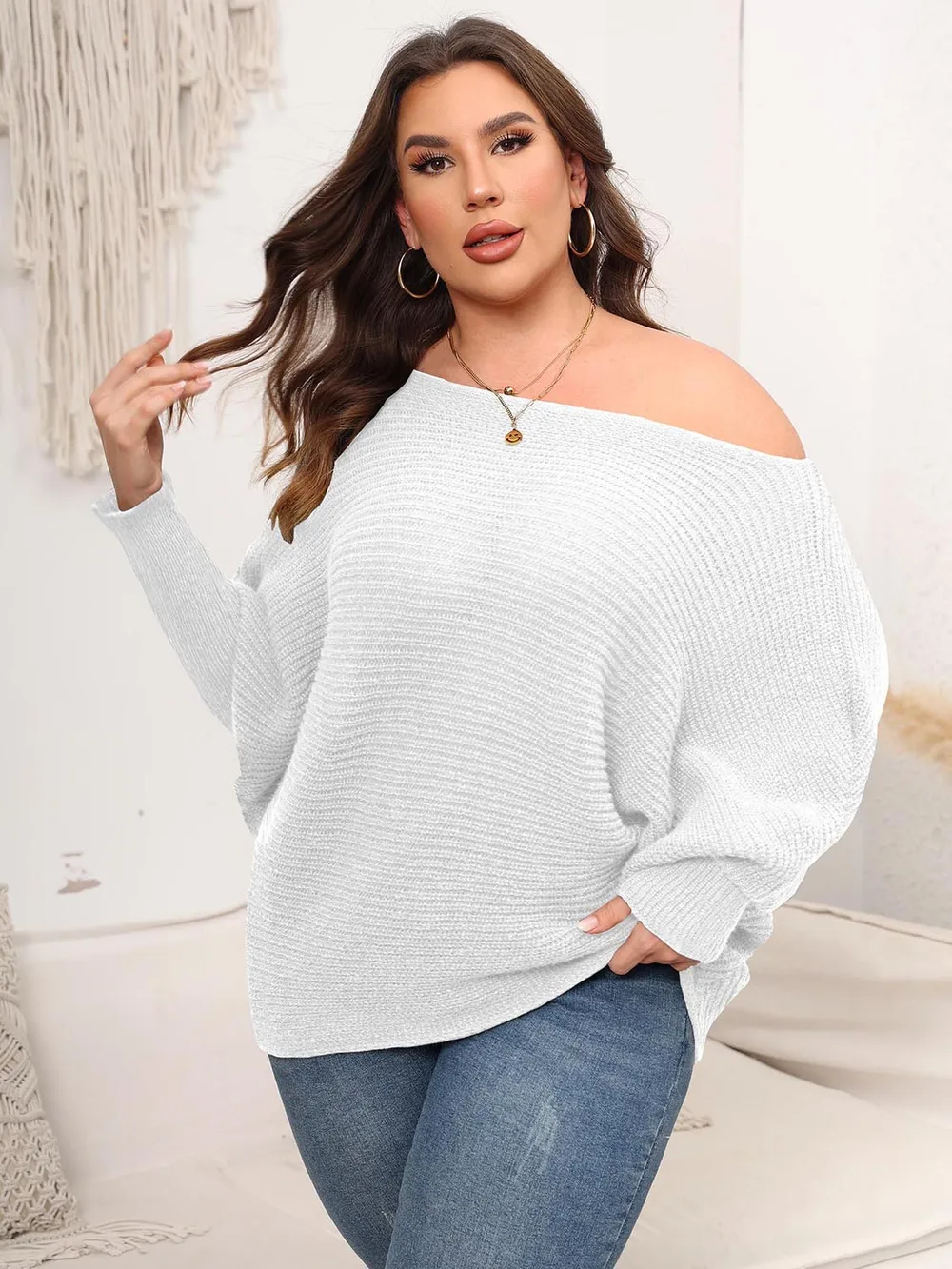 Full Size Boat Neck Batwing Sleeve Sweater, image 6