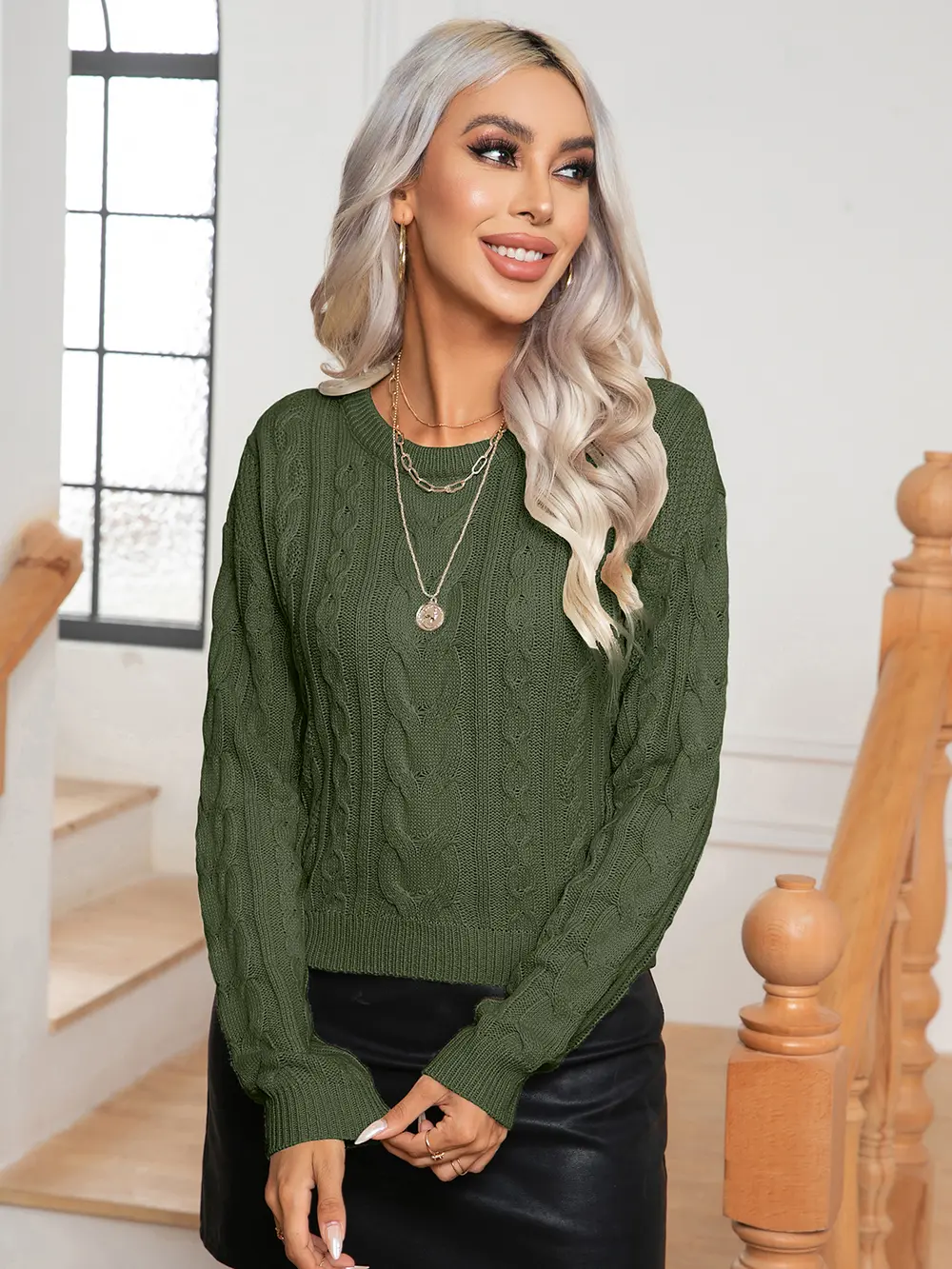 Cable-Knit Round Neck Long Sleeve Sweater, image 5