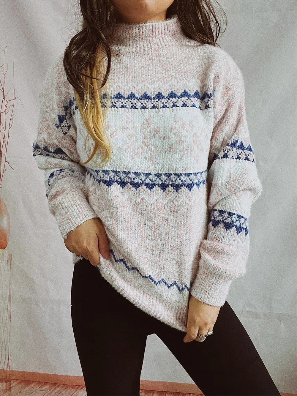 Geometric Mock Neck Dropped Shoulder Sweater, image 6