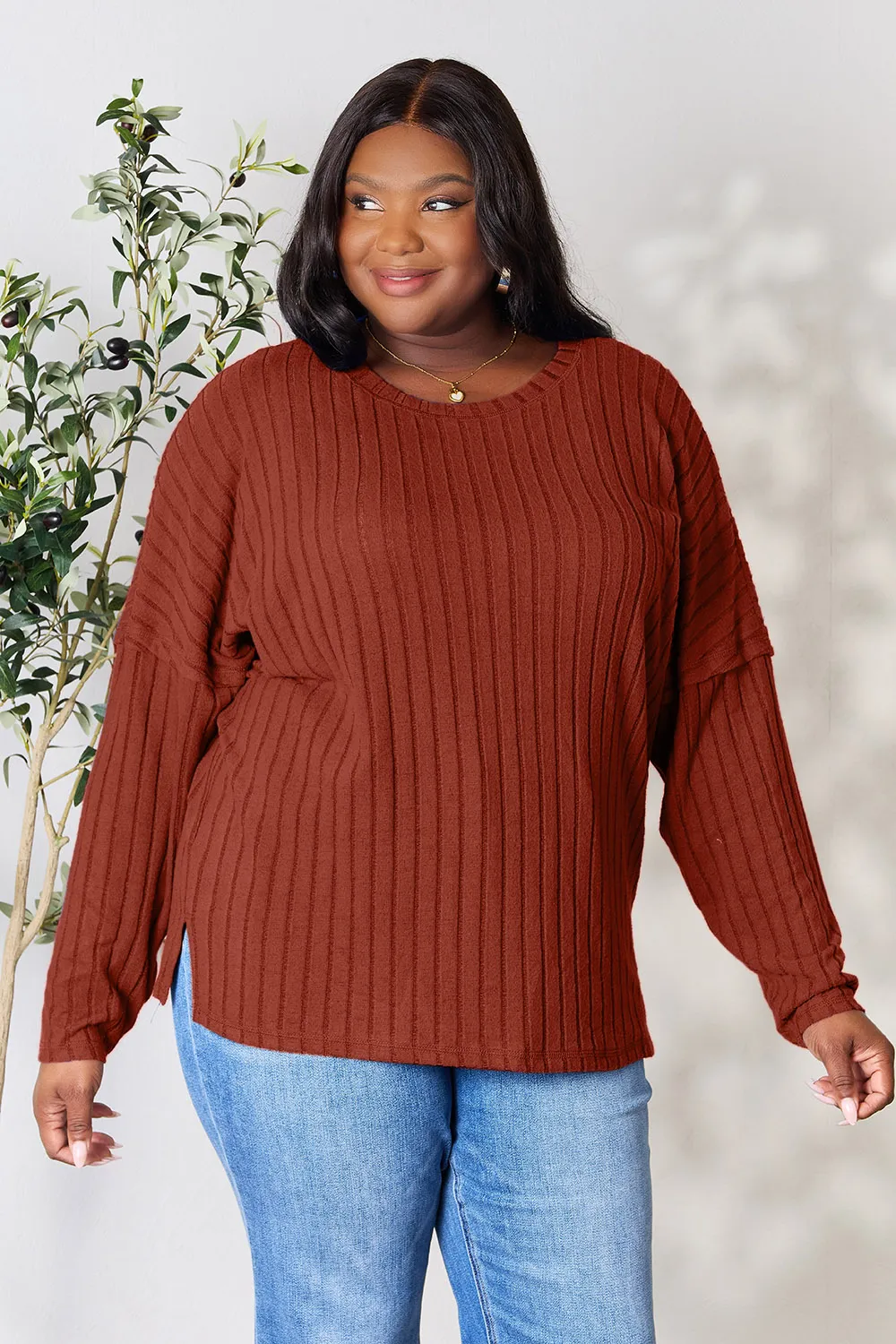 Full Size Ribbed Round Neck Slit Knit Top, image 24