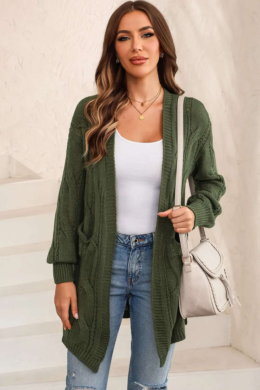 Cable-Knit Dropped Shoulder Slit Cardigan, image 7