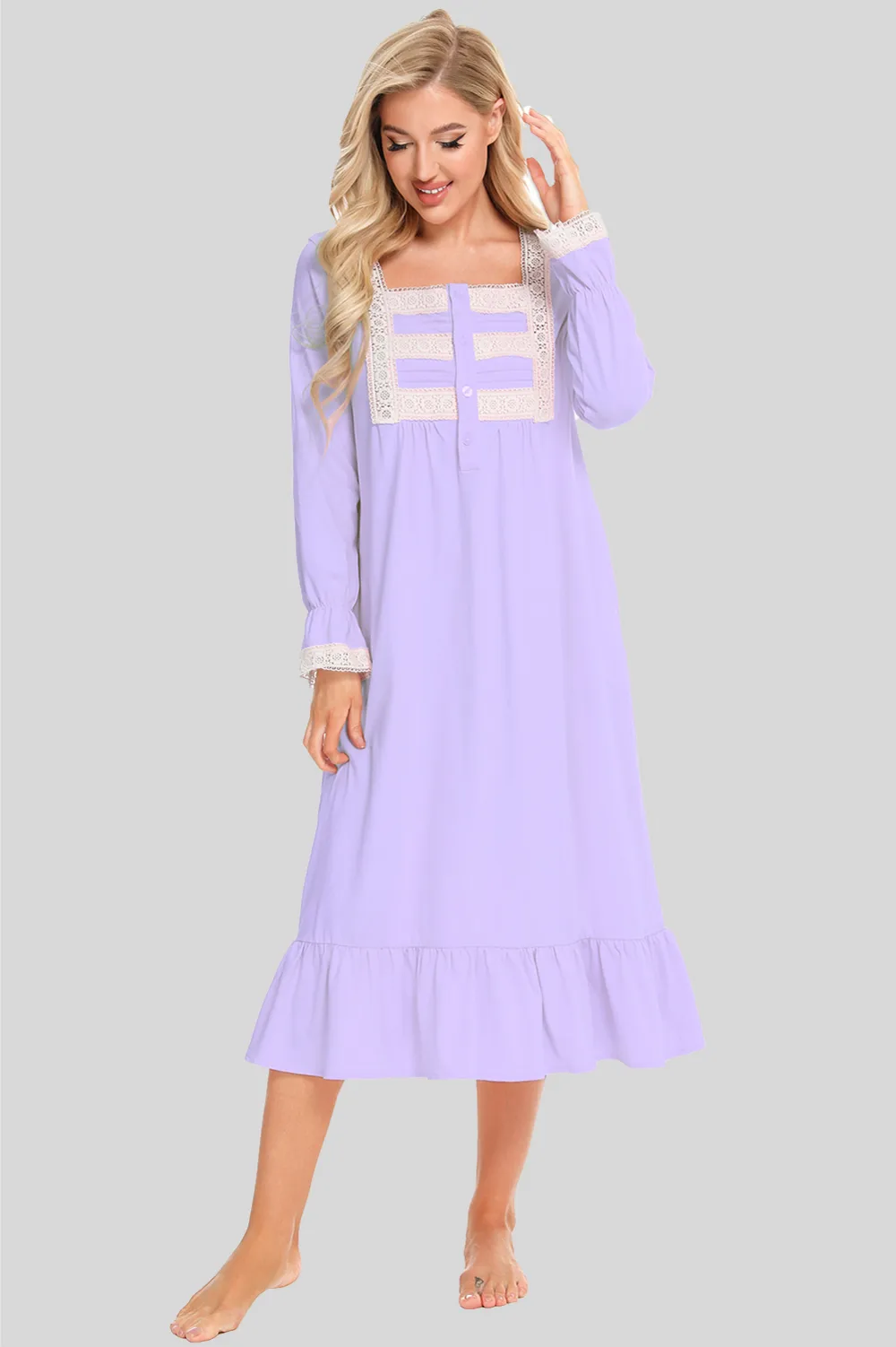 Lace Detail Square Neck Flounce Sleeve Night Dress, image 10