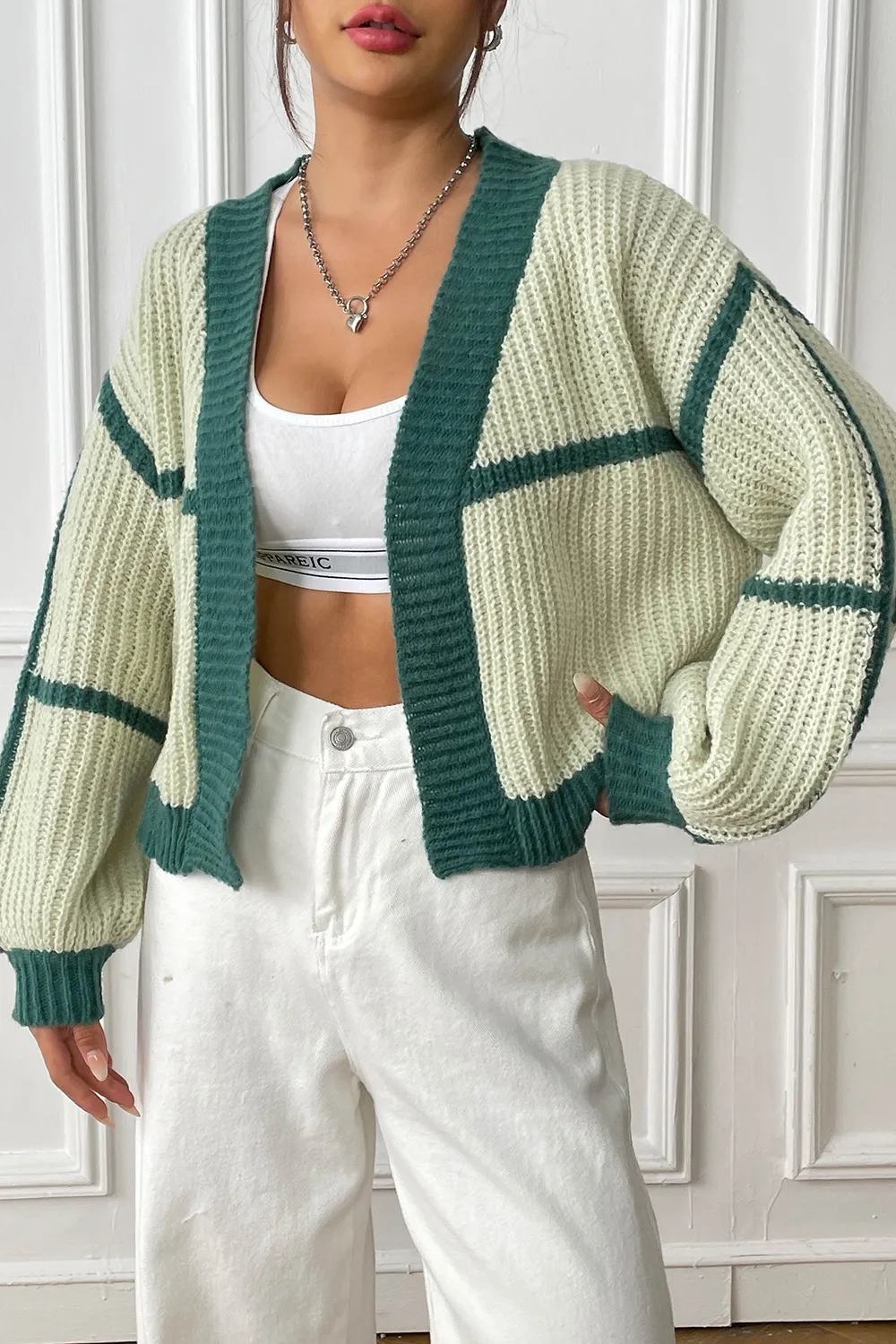 Contrast Open Front Long Sleeve Cardigan, image 5