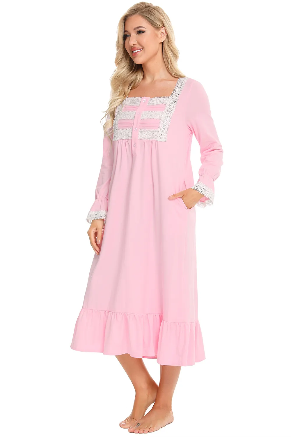 Lace Detail Square Neck Flounce Sleeve Night Dress, image 5