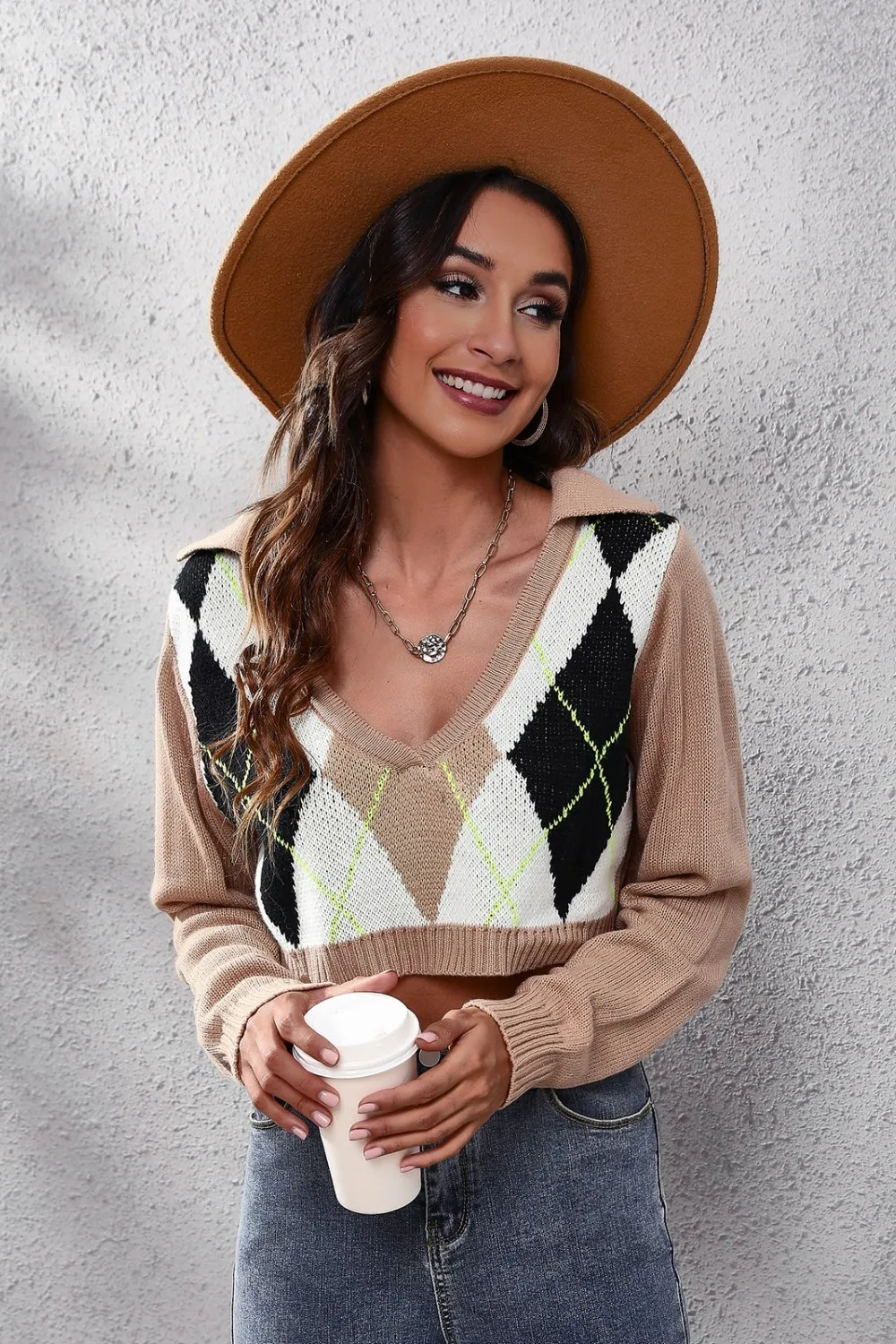 Geometric Long Sleeve Cropped Sweater, image 3