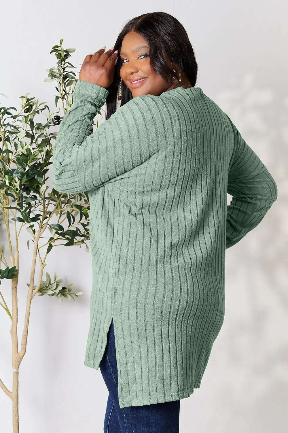 Full Size Ribbed Round Neck Long Sleeve Slit Top, image 25