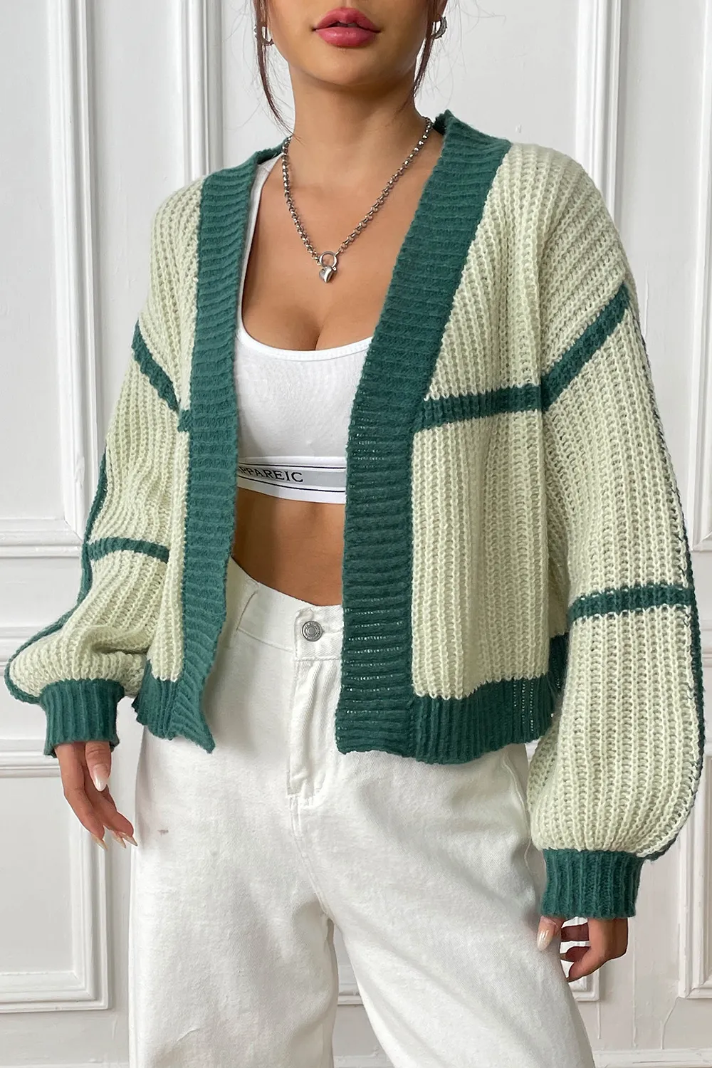 Contrast Open Front Long Sleeve Cardigan, image 2