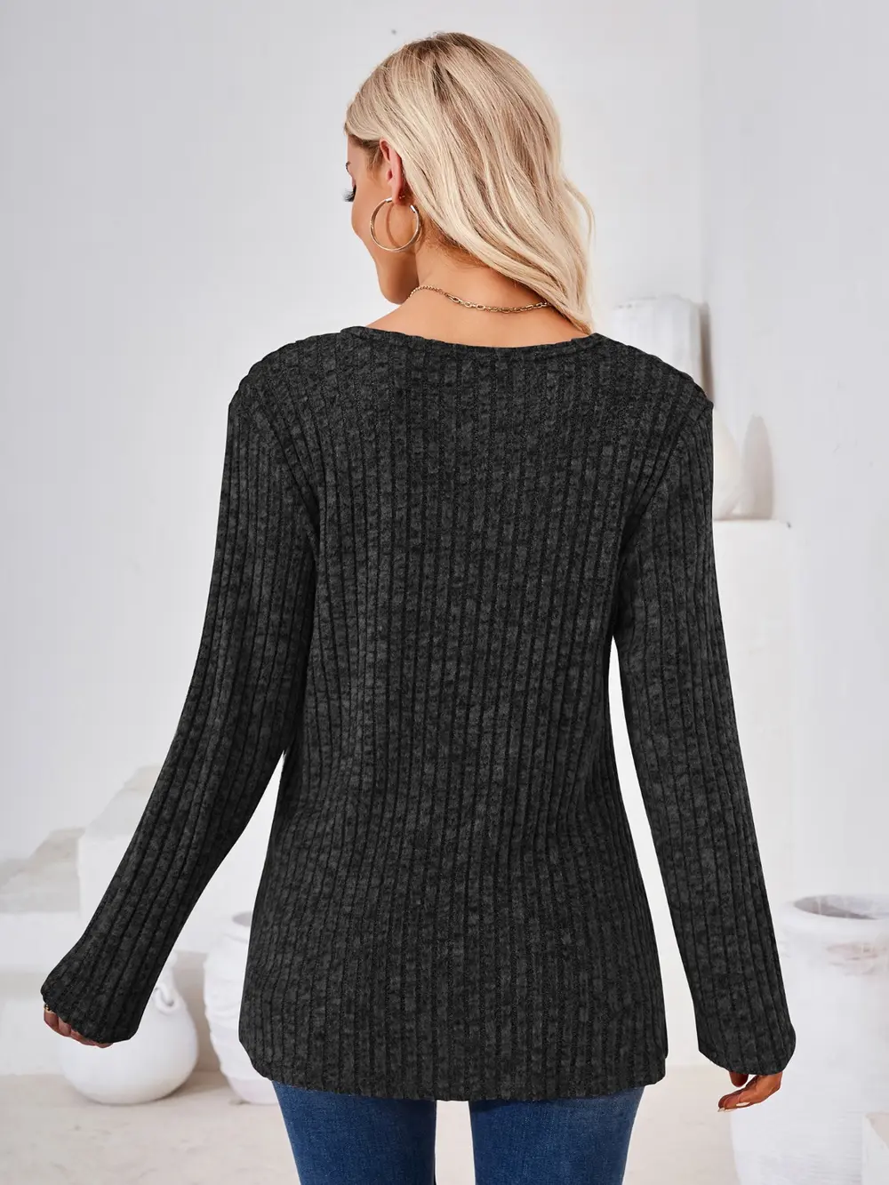 Ribbed Buttoned Round Neck Slit T-Shirt, image 12