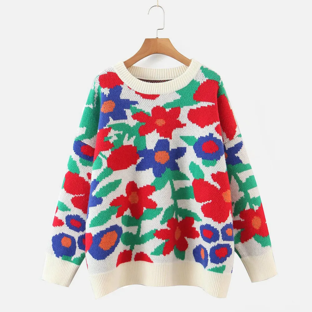 Floral Round Neck Drop Shoulder Sweater, image 2