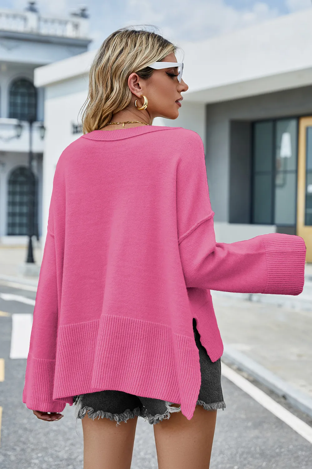 High-Low Slit Round Neck Long Sleeve Sweater, image 3