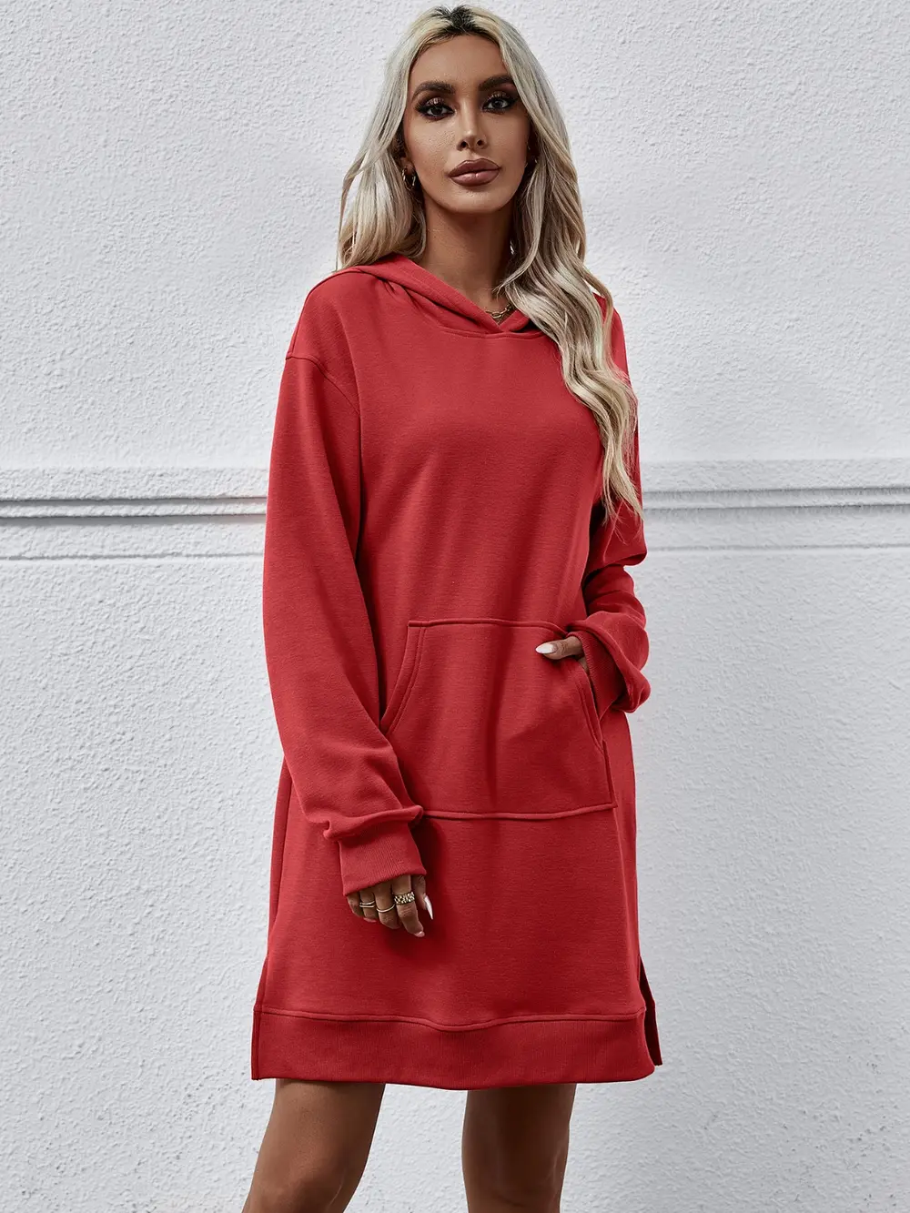 Slit Long Sleeve Hooded Dress with Pocket, image 25