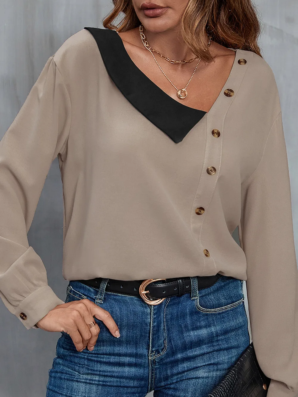 Asymmetrical Neck Buttoned Long Sleeve Top, image 3