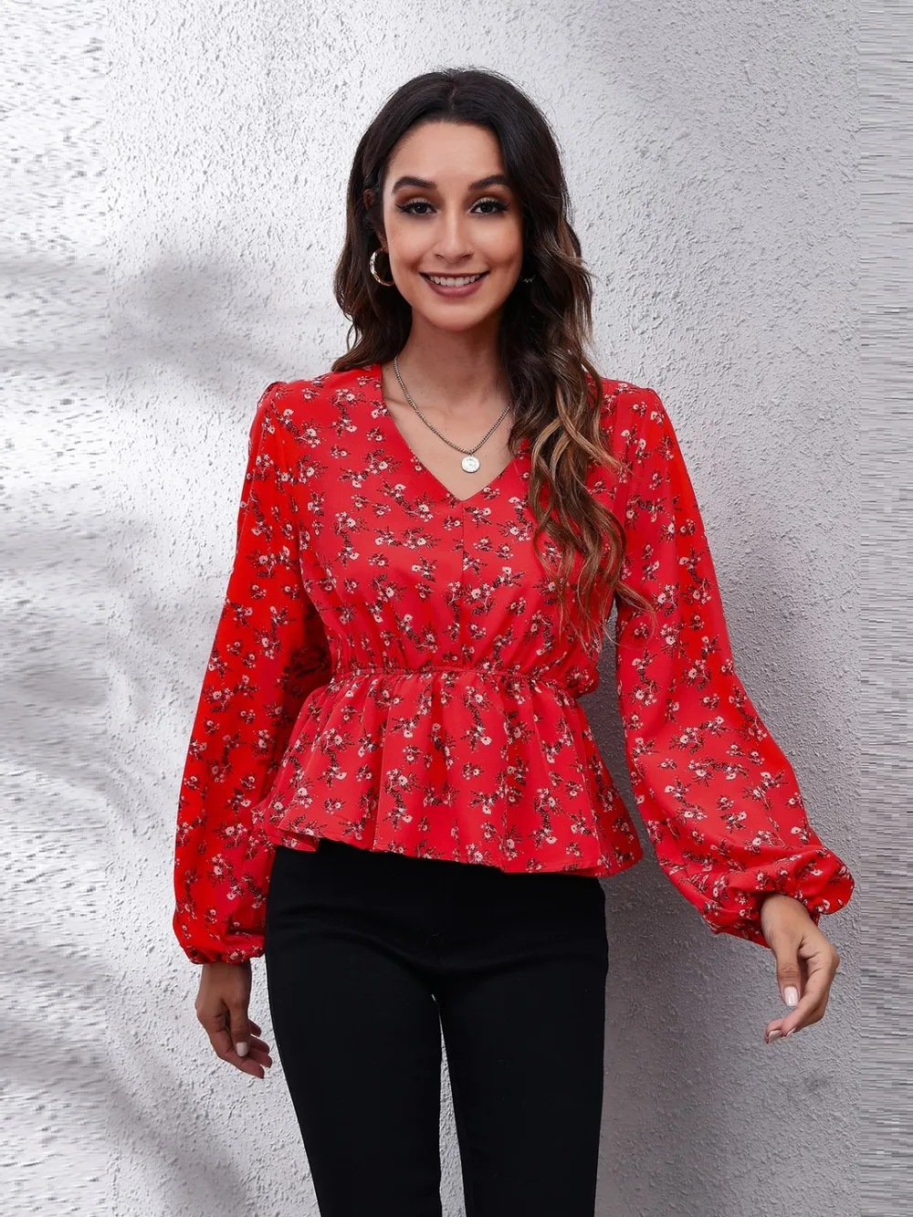 Floral V-Neck Balloon Sleeve Peplum Blouse, image 3