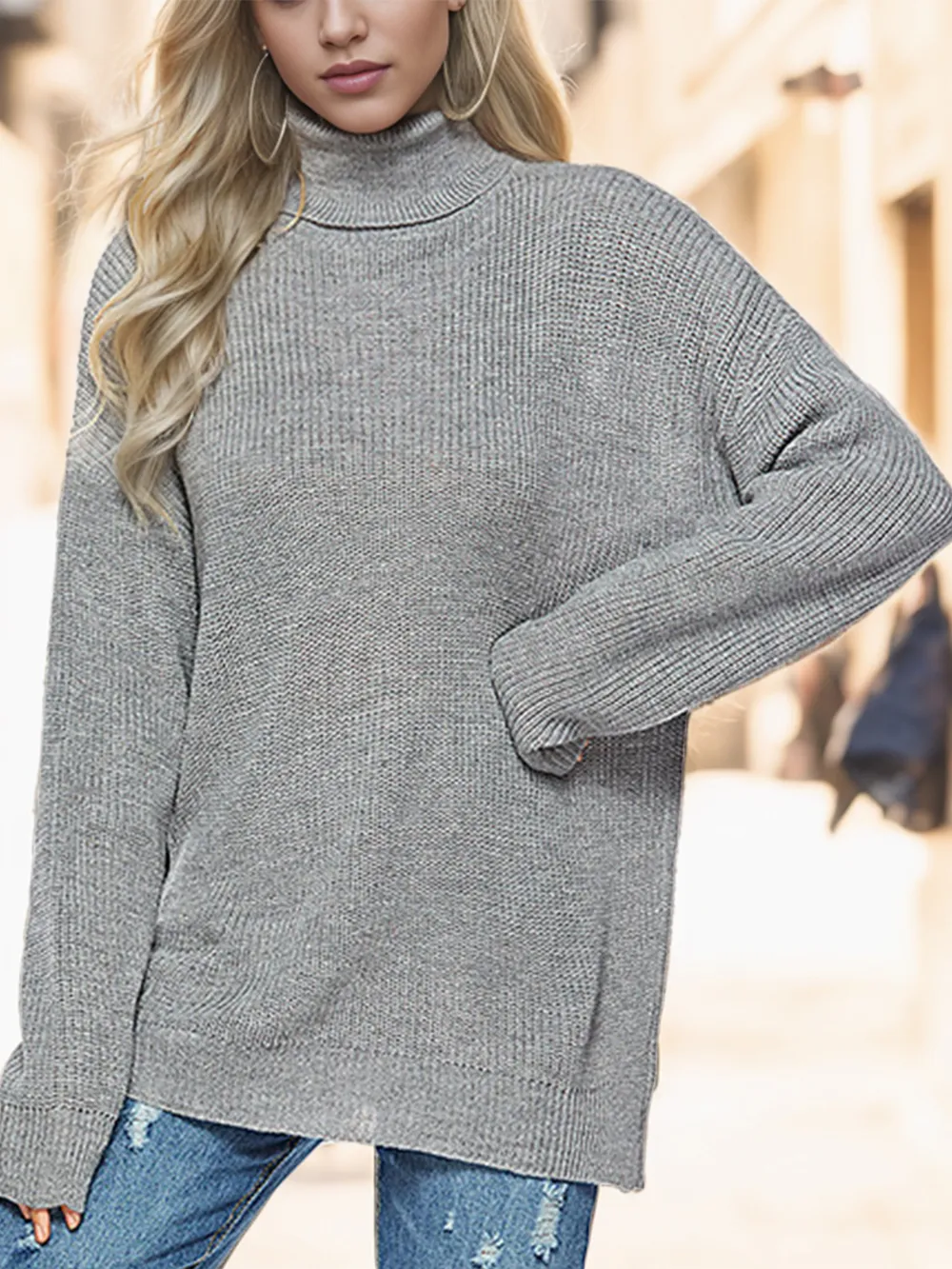 Turtleneck Drop Shoulder Long Sleeve Sweater, image 2