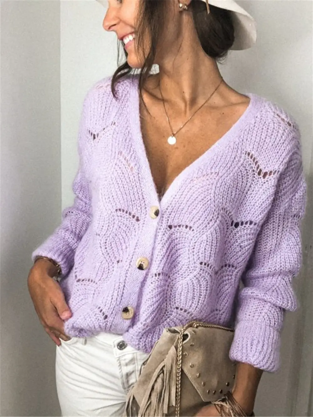 Openwork Button Up Long Sleeve Cardigan, image 7