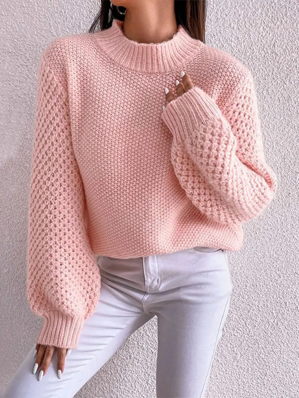 Openwork Mock Neck Long Sleeve Sweater, image 2