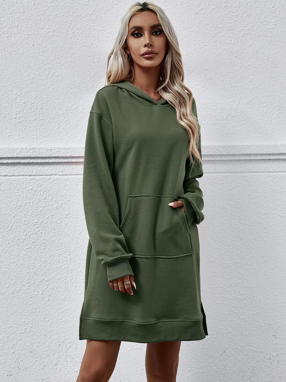 Slit Long Sleeve Hooded Dress with Pocket, image 7