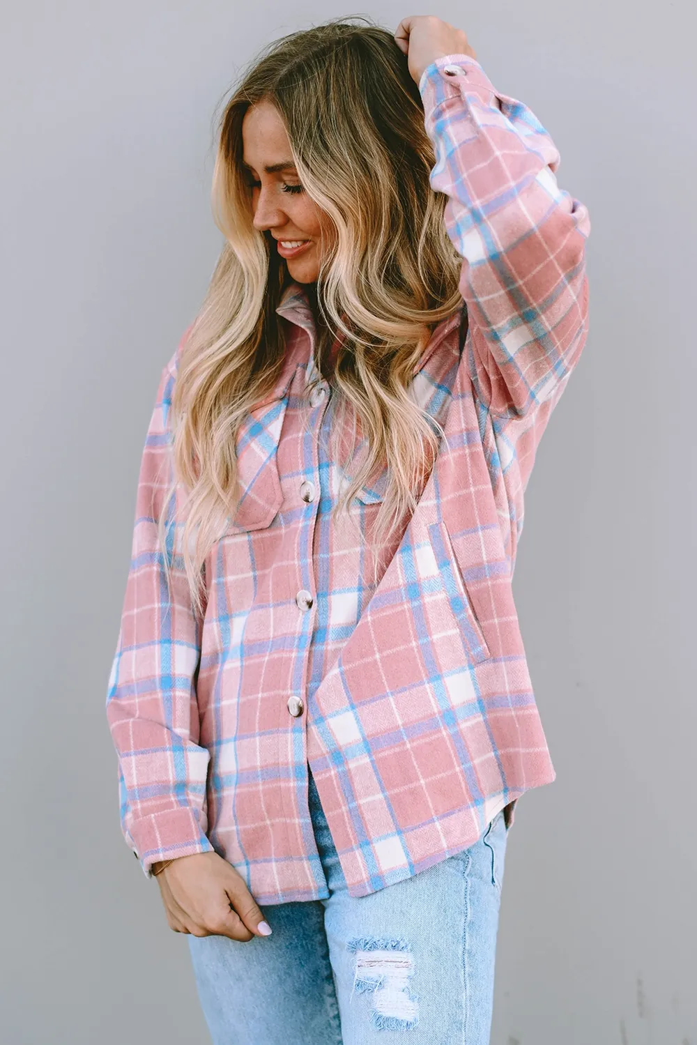 Plaid Pocketed Collared Neck Button Up Jacket, image 4