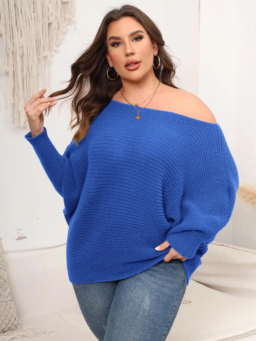 Full Size Boat Neck Batwing Sleeve Sweater, image 2