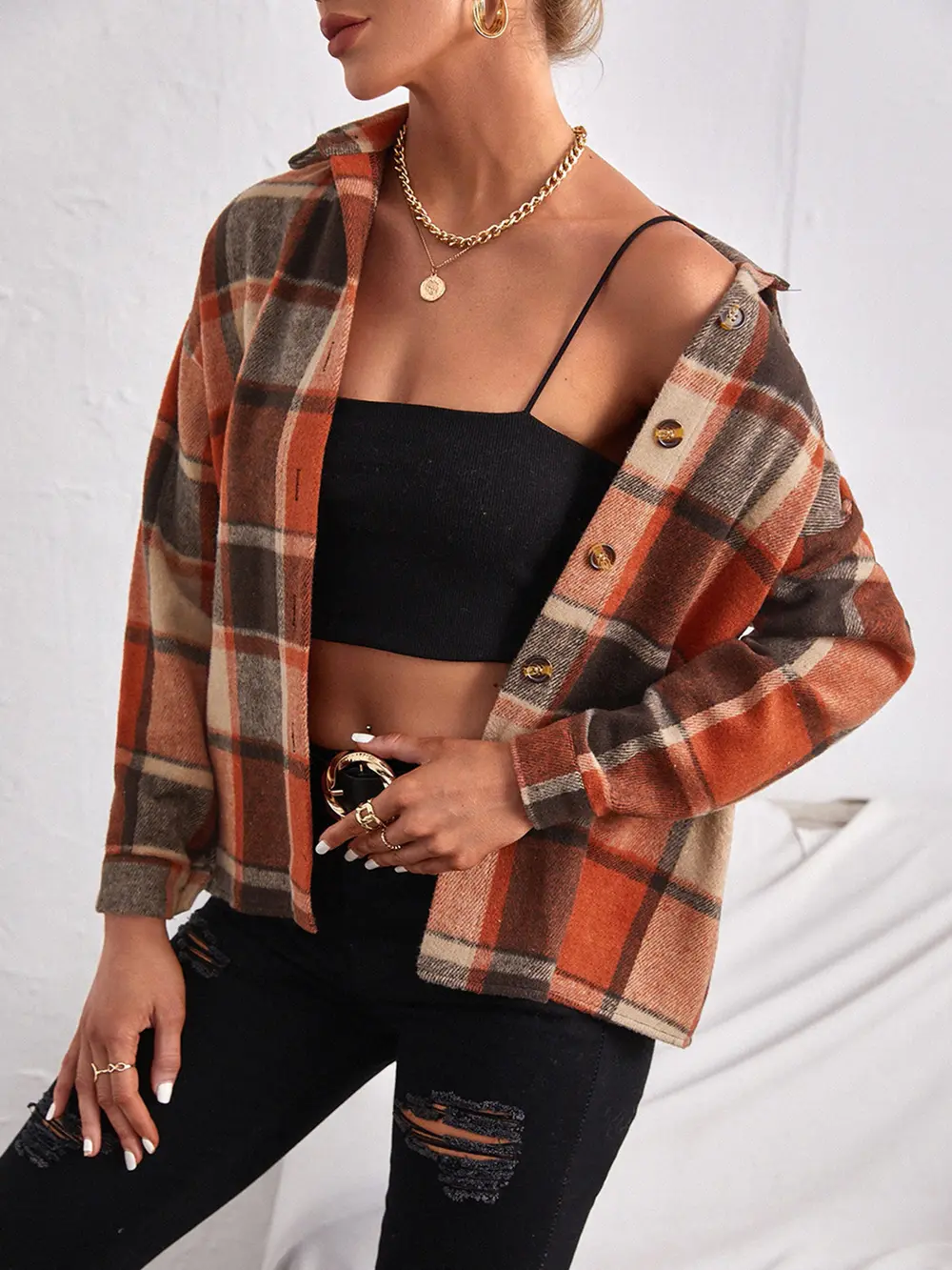 Plaid Collared Neck Button Down Jacket, image 4