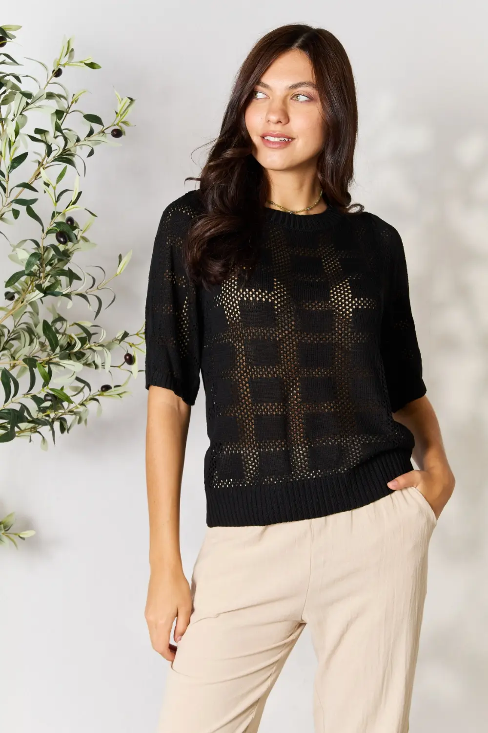 Ribbed Trim Round Neck Knit Top, image 6