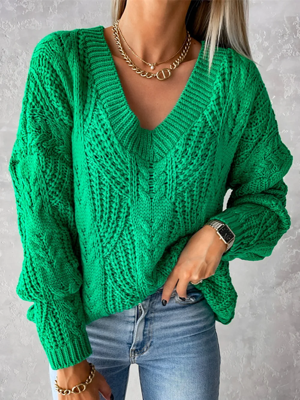 V-Neck Cable-Knit Long Sleeve Sweater, image 11