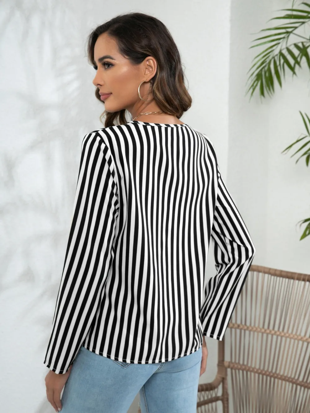 Striped Long Sleeve Notched Blouse, image 3