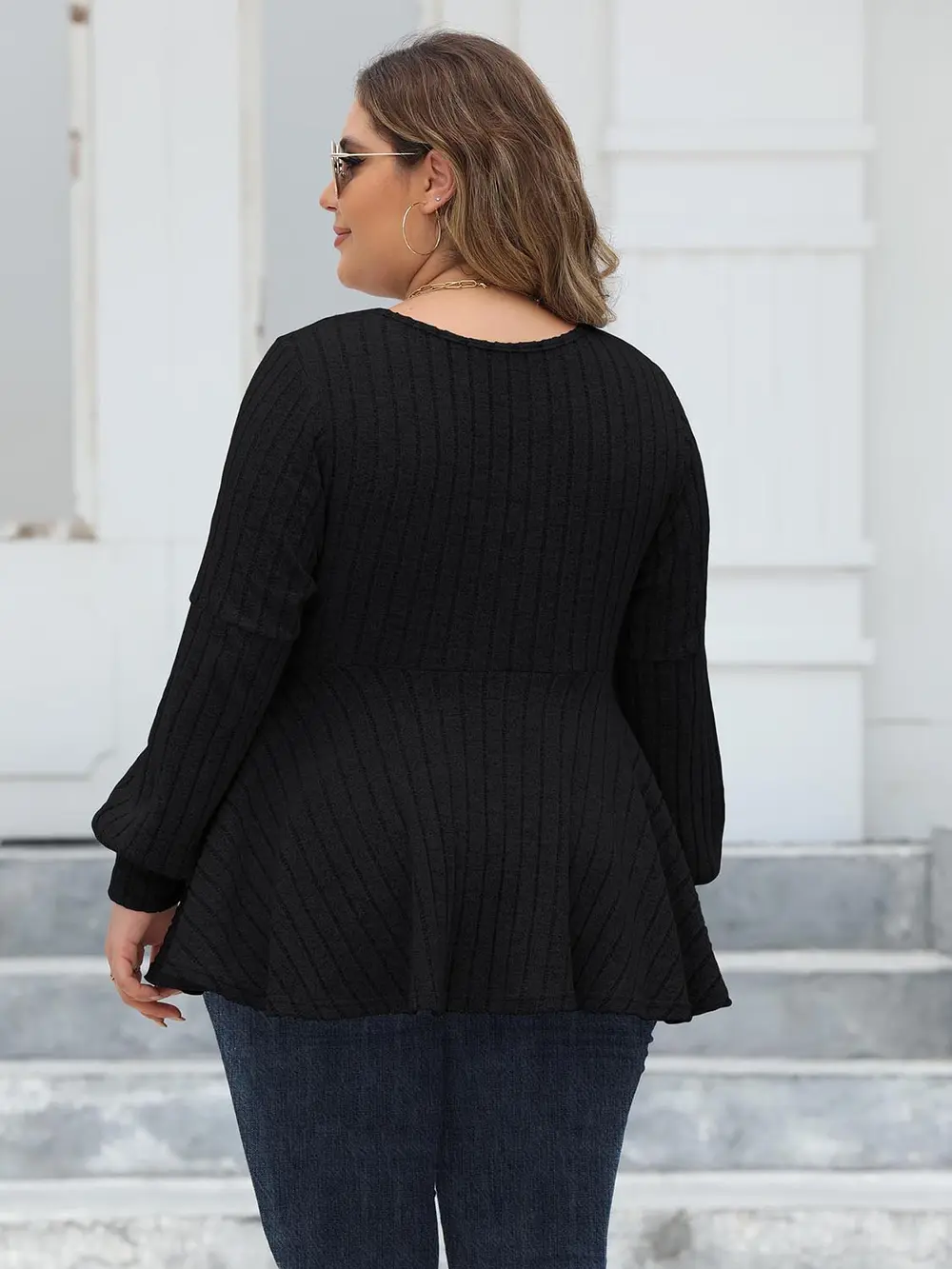 Plus Size Ribbed V-Neck Long Sleeve Blouse, image 9