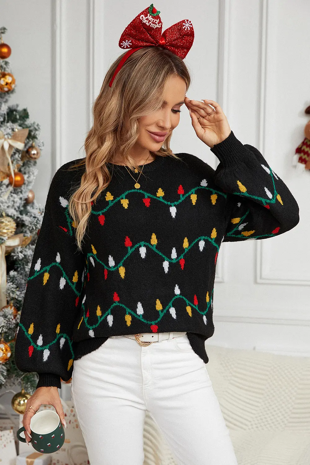 Round Neck Pattern Lantern Sleeve Sweater, image 4